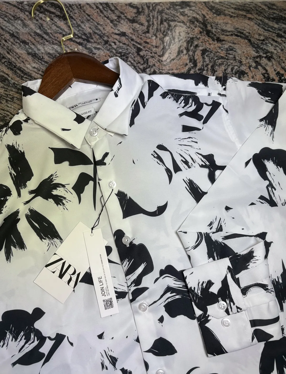 Floral Print Shirt, White Black Brush